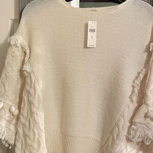 Anthropologie Ivory Knit Sweater with Fringe Detail